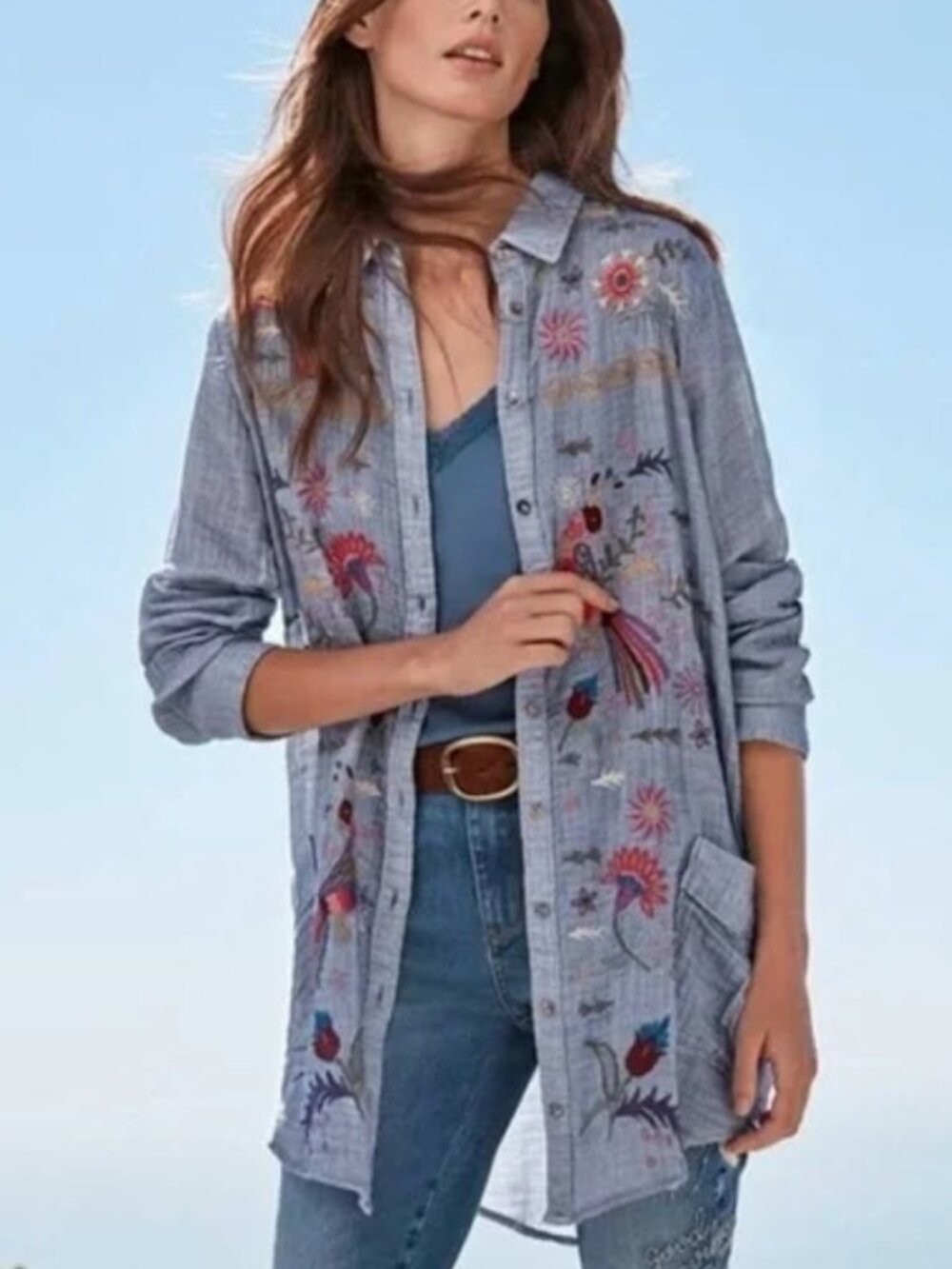 Johnny Was Lucy Painters Smock Top Button Front Embroidered Blue S